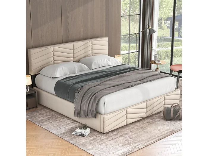 Cama contenedor 160×200 cm – Cama acolchada con cabecero regulable en altura – Estilo rayas – Terciopelo – Beige