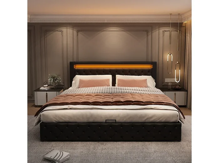 Cama contenedor 160×200 cm – cama acolchada con somier, almacenaje e iluminación LED – PU – negro
