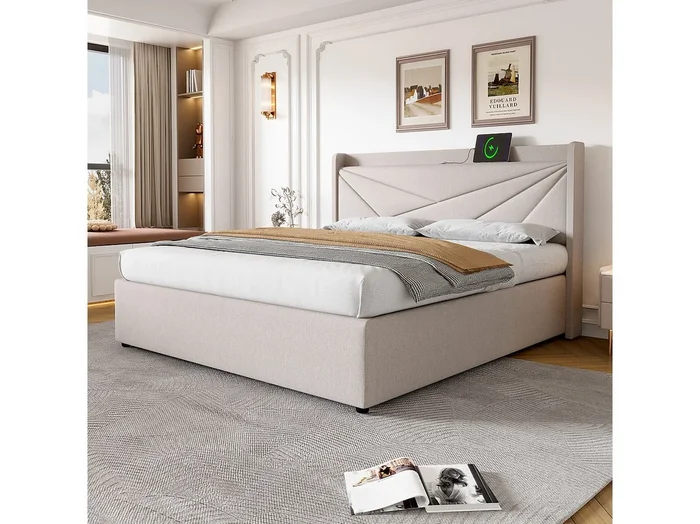 Cama contenedor 160×200 cm – cama doble acolchada con cabecero con carga USB tipo C – lino – beige – sin colchón