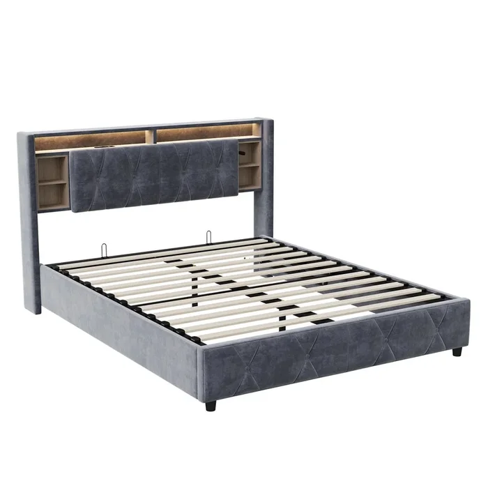 Cama contenedor 160x200cm – Cama doble con somier y cabecero LED con puerto de carga USB/Tipo C, en tejido de terciopelo gris