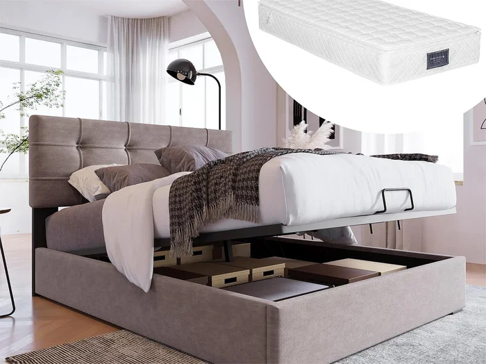 Cama contenedor 90 x 200 cm – terciopelo – gris + colchón