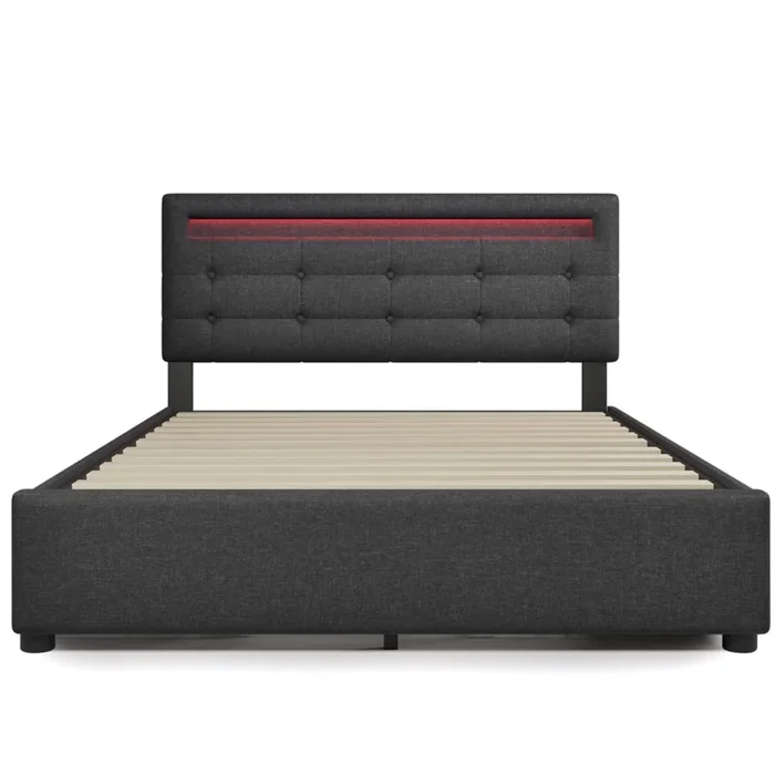 Cama contenedor de lino 140×200 cm con LED + 2 cajones + somier – Gris