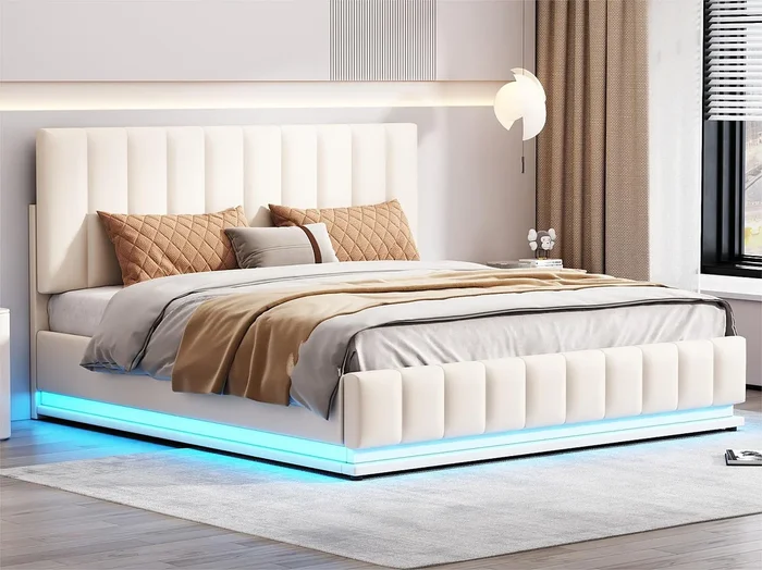 Cama contenedor de piel sintética con LED + somier + cabecero ajustable – 160x200cm – Blanco