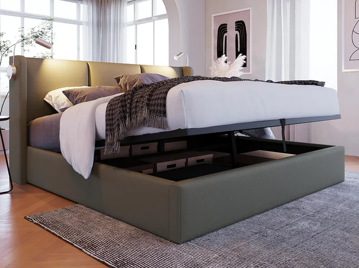 Cama contenedor de piel sintética de 140×200 cm – con luces de lectura y puertos de carga USB – con somier – Gris