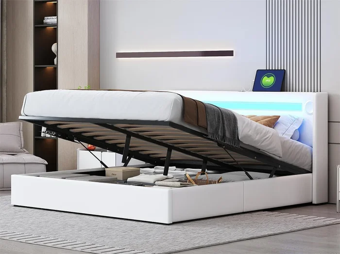 Cama contenedor tapizada en piel sintética 160×200 cm con LED, reproductor Bluetooth y puertos de carga USB – con somier – Blanco
