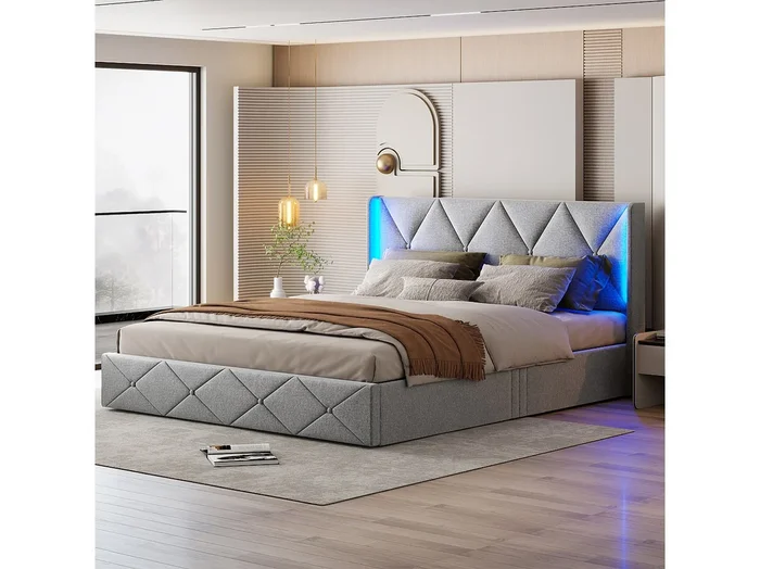 Cama de 140×200 cm con canapé, LED y cabecero, tapizada con somier, cama de matrimonio, color gris