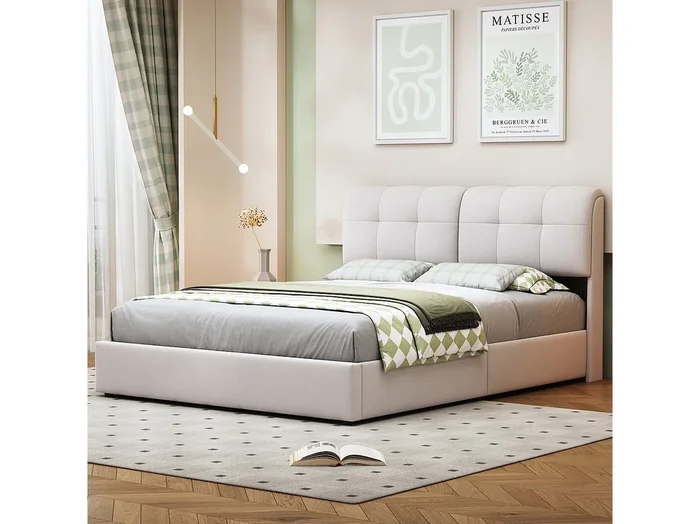 Cama de 140×200 con base LED, cama doble con somier y canapé, terciopelo, blanco