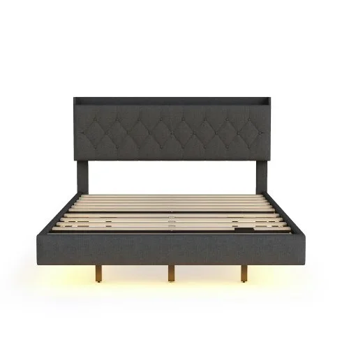 Cama de 140x200cm, USB, LED, cama de matrimonio, tela de lino