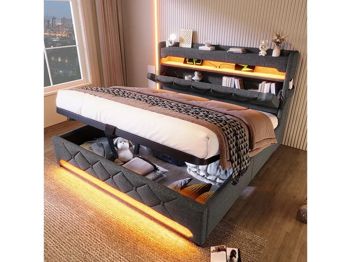 Cama de 160 x 200 cm con almacenaje, cama doble con iluminación LED y USB/Tipo C, lino gris, almacenaje hidráulico, colchón no incluido