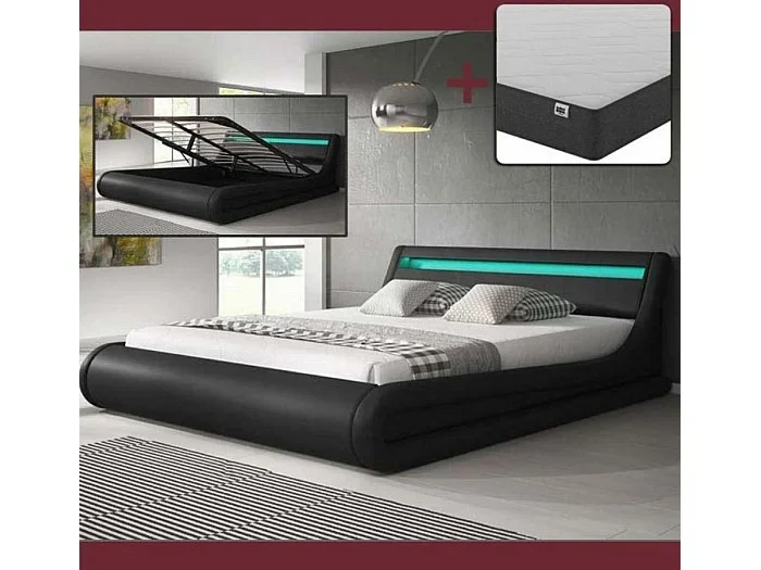 Cama de matrimonio con Canapé y Colchón 160x200cm en Negro con LED Parisina