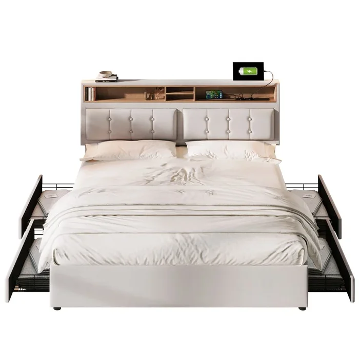 Cama de matrimonio de lino 160x200cm con 4 cajónes y cabecera de altura ajustable,beige