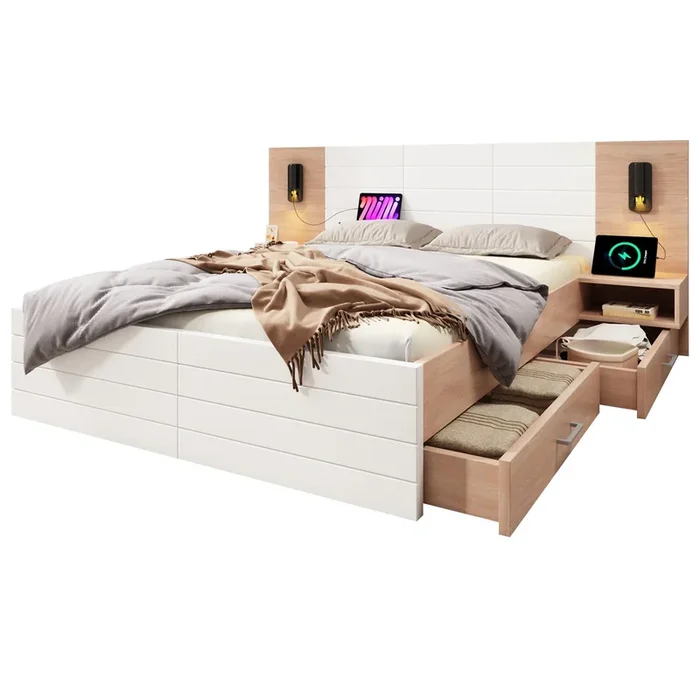 Cama de matrimonio de madera maciza 140x200cm con 2 cajónes,blanco+roble