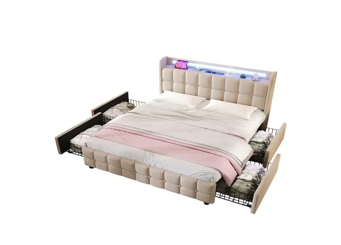 Cama de matrimonio de madera maciza 140x200cm con luz LED,4 cajónes,beige