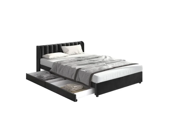 Cama de matrimonio de terciopelo 160x200cm con 2 cajónes,negro
