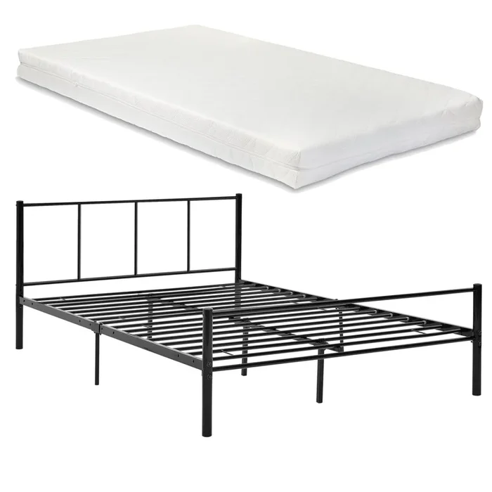 Cama de Metal Argos con Colchón de espuma fría 140 x 200 cm Con listón – Somier Negro [en.casa]