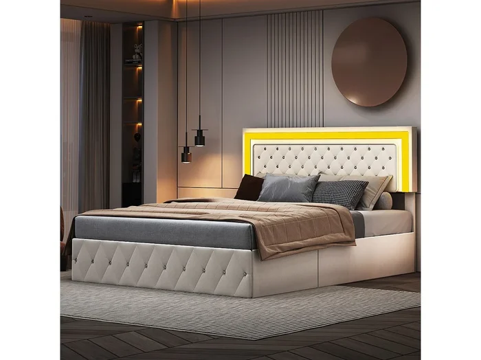 Cama de terciopelo con canapé de 140×200 cm – con LED y somier – Cama doble con canapé – con cabecero regulable en altura – Beige