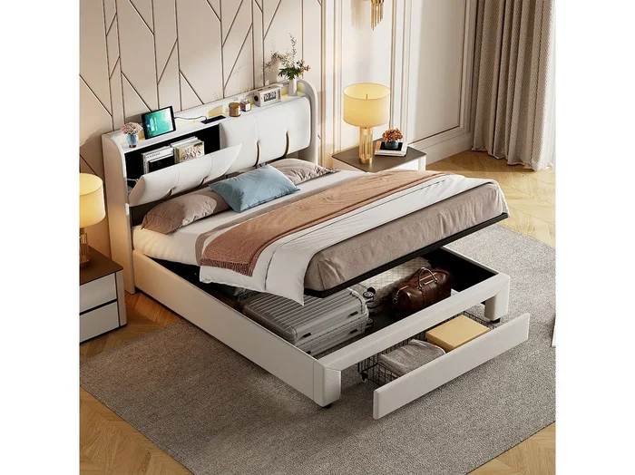 Cama doble 140*200cm, con función de almacenaje, tira de luz y puerto de carga USB, color blanco roto, terciopelo