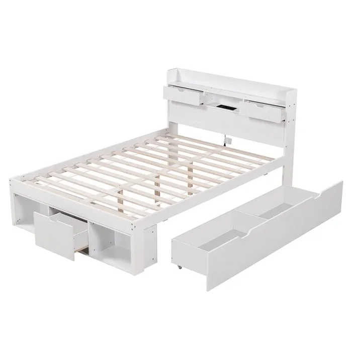 Cama doble 140×190 – Multifuncional con USB, cajones y armario, gran almacenamiento – Blanco