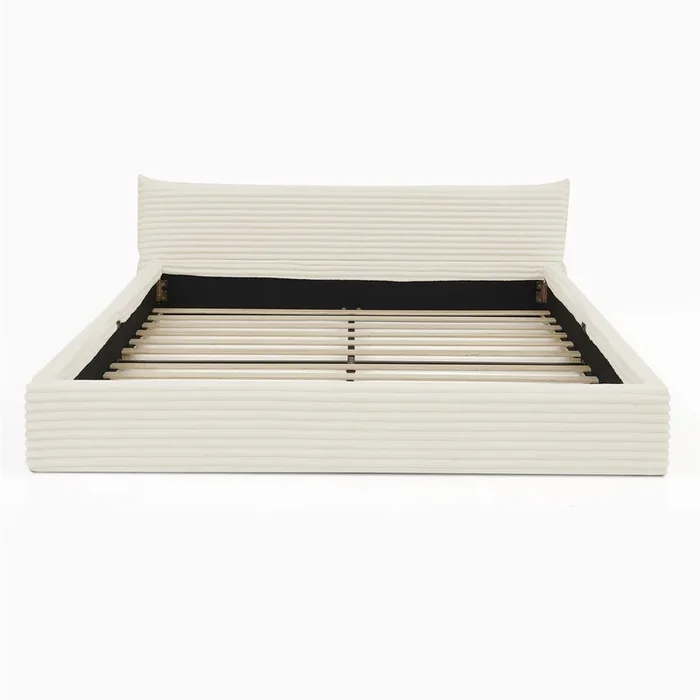 Cama doble 160×200 cm – Con funda de chenilla suave, diseño elegante en el cabecero, estructura de eucalipto ecológico y marco de hierro estable – Beige