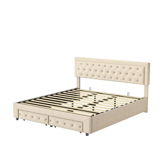 Cama doble 160 x 200 cm con cajón y cajones, terciopelo, somier de láminas, cama hidráulica