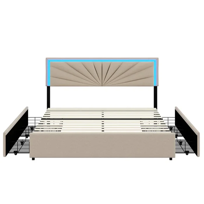 Cama doble 160 x 200 cm, tapizada con 4 cajones y LED, somier de láminas, lino beige