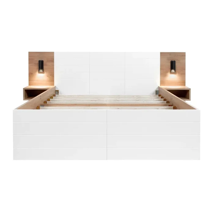 Cama doble 160x200cm – Con 2 cajones, cabecero con luz de lectura y función de carga USB, incl. 2 mesitas de noche, estructura y somier – Roble/Blanco