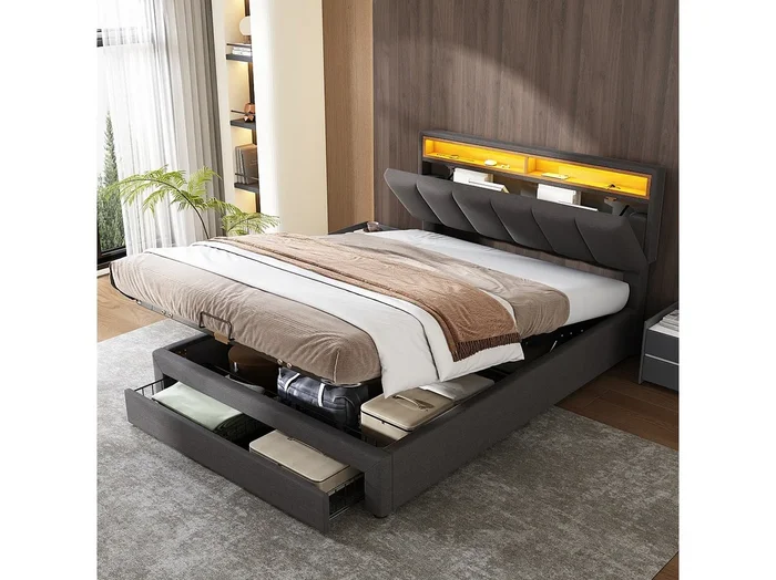 Cama doble con baúl 140×200 cm, cama adulta en tela lino gris con LED – diseño moderno, somier incluido (sin colchón)