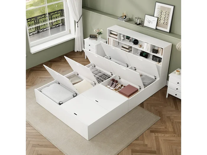 Cama doble con canapé 140×200 cm en madera maciza con almacenaje, USB integrado, color blanco, sin colchón