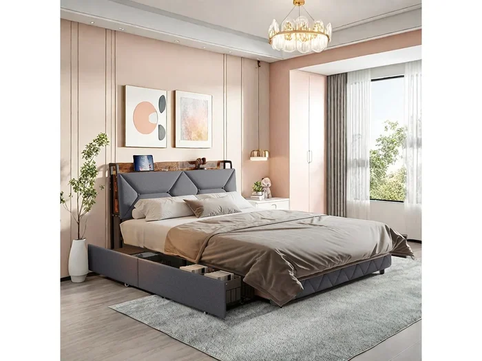 Cama doble de 140×200 cm con cabecero ergonómico inclinado, almacenaje oculto, puertos USB/Tipo C y 4 cajones ahorradores de espacio.