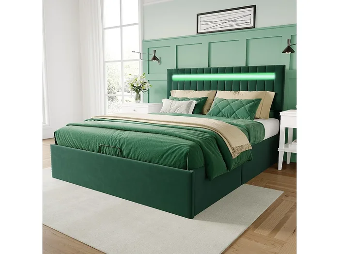 Cama doble de 140 x 200 cm con espacio de almacenaje, iluminación LED y puertos de carga, color verde y terciopelo.