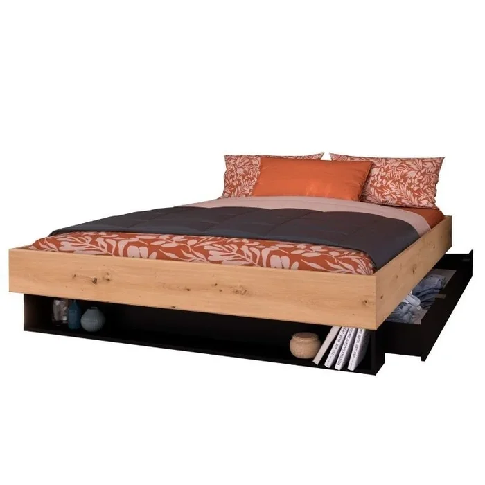 Cama Doble Lampe Pack Con Cajones Bajos Roble Artesanal y Negro Stipple
