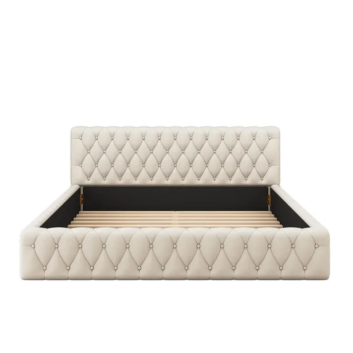 Cama doble tapizada 140x200cm – tela terciopelo – Beige
