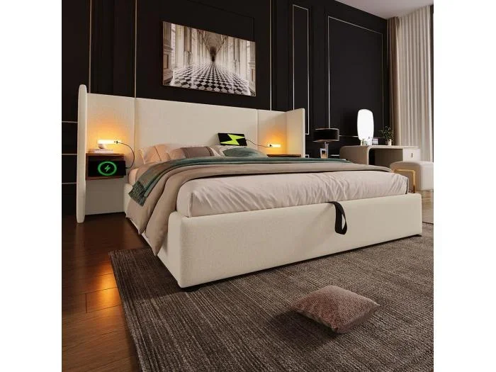 Cama doble tapizada 180 x 200 con mesilla de noche, luz de lectura y cargador USB Tipo-C, beige, lino.