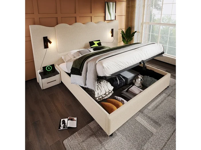 Cama doble tapizada de 180 x 200 cm con lámpara de lectura y carga USB tipo C.