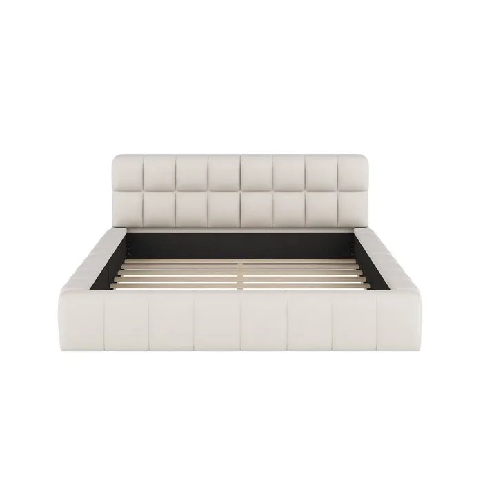 Cama doble tapizada en tela de lino 140×200 cm – con respaldo grueso y somier – Beige