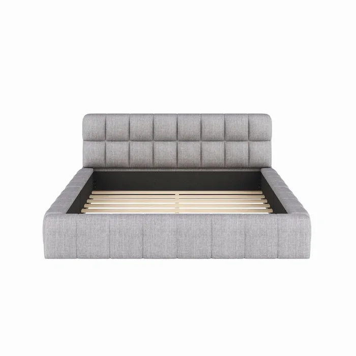 Cama doble tapizada en tela de lino 140×200 cm – con respaldo grueso y somier – Gris