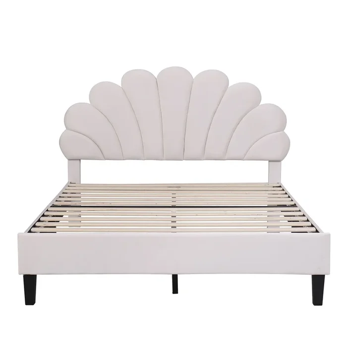 Cama doble tapizada en terciopelo – 140x200cm – cabecero en forma de flor – con somier – Beige