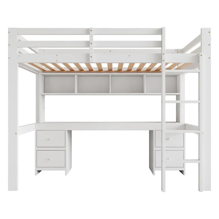 Cama entresuelo 90×200 cm – con escritorio y 2 cómodas – de pino macizo y MDF – Blanco