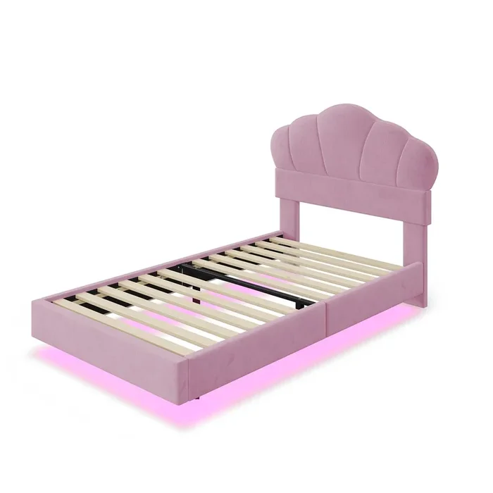 Cama individual 90x200cm, cama LED con somier de láminas y cabecero en forma de nube, pie de cama oculto, tejido terciopelo rosa
