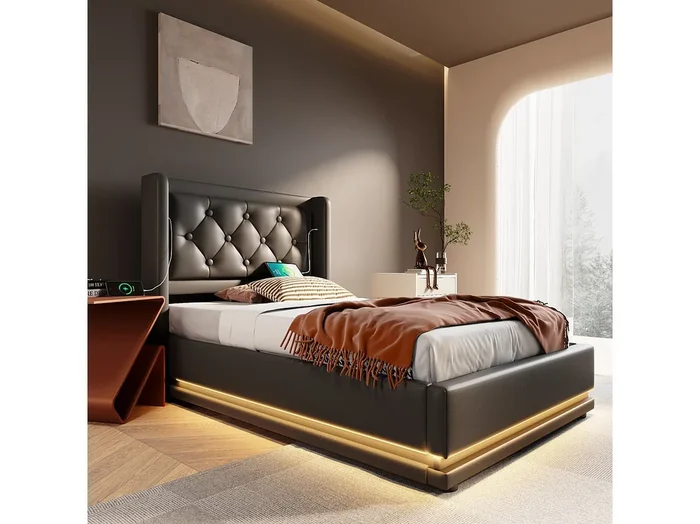 Cama individual con canapé 90×200 cm con función de carga USB Type-C y LED, en PU negro (sin colchón)