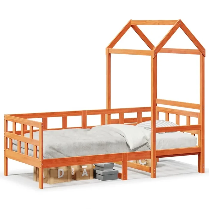 Cama infantil – Cama para niños con techo madera maciza pino marrón cera 90×200 cm