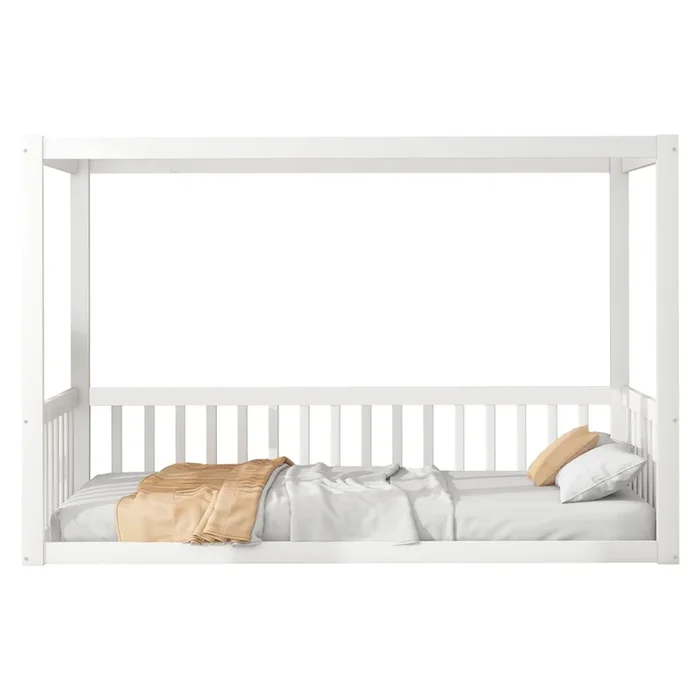 Cama infantil 90×200 cm – Cama tipo dosel de madera maciza para niños y jóvenes – Blanca