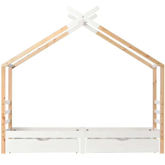 Cama infantil 90×200 cm – Casa con cajones, madera maciza con somier, pino – Blanco + color madera