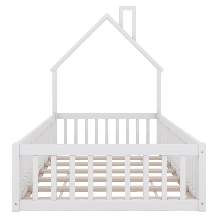Cama infantil, 90 x 200 cm – Cama con forma de chimenea, con somier (sin colchón), madera de pino, estilo minimalista – Blanco