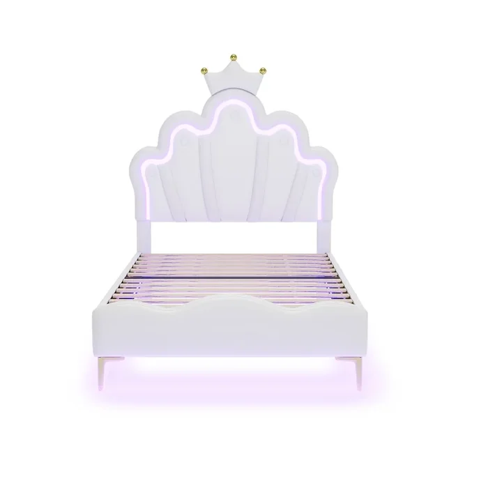 Cama infantil 90x200cm con LED – cama princesa con cojín de piel sintética – Blanco