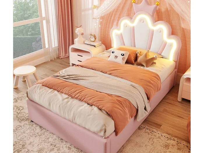 Cama infantil acolchada 90×200 cm – cama con almacenamiento – con banda luminosa LED – cabecero ajustable – rosa (colchón no incluido)