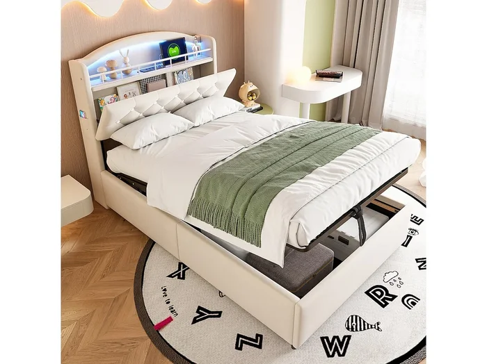 Cama infantil acolchada con canapé – 90 x 200 cm – LED + Cabecero con USB – Terciopelo – beige
