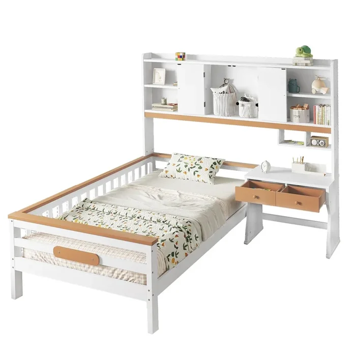 Cama infantil, almacenaje, mesa, cajones, tablero protector, somier, L, blanco+natural, pino+MDF+multicapa, 90x200cm