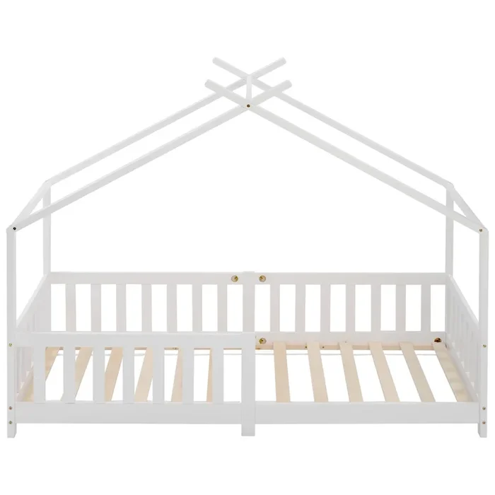 Cama infantil cabina 90x200cm de madera maciza con protección contra caídas y somier de láminas – Blanco