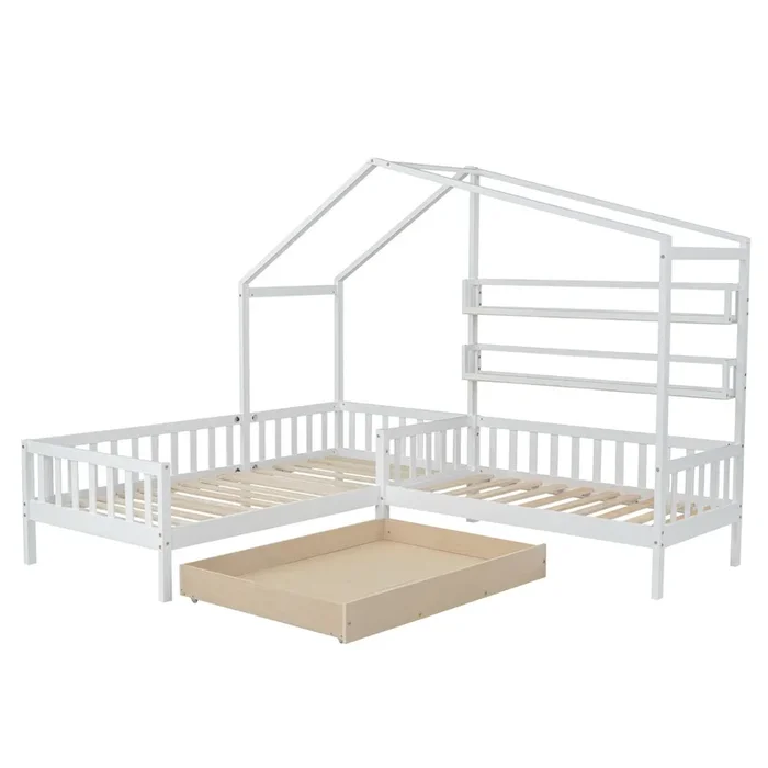 Cama infantil,cama cabaña,cama doble de madera maciza y mdf 90×200(70×140)cm con 1 cajón,estante y protección contra caídas,blanco